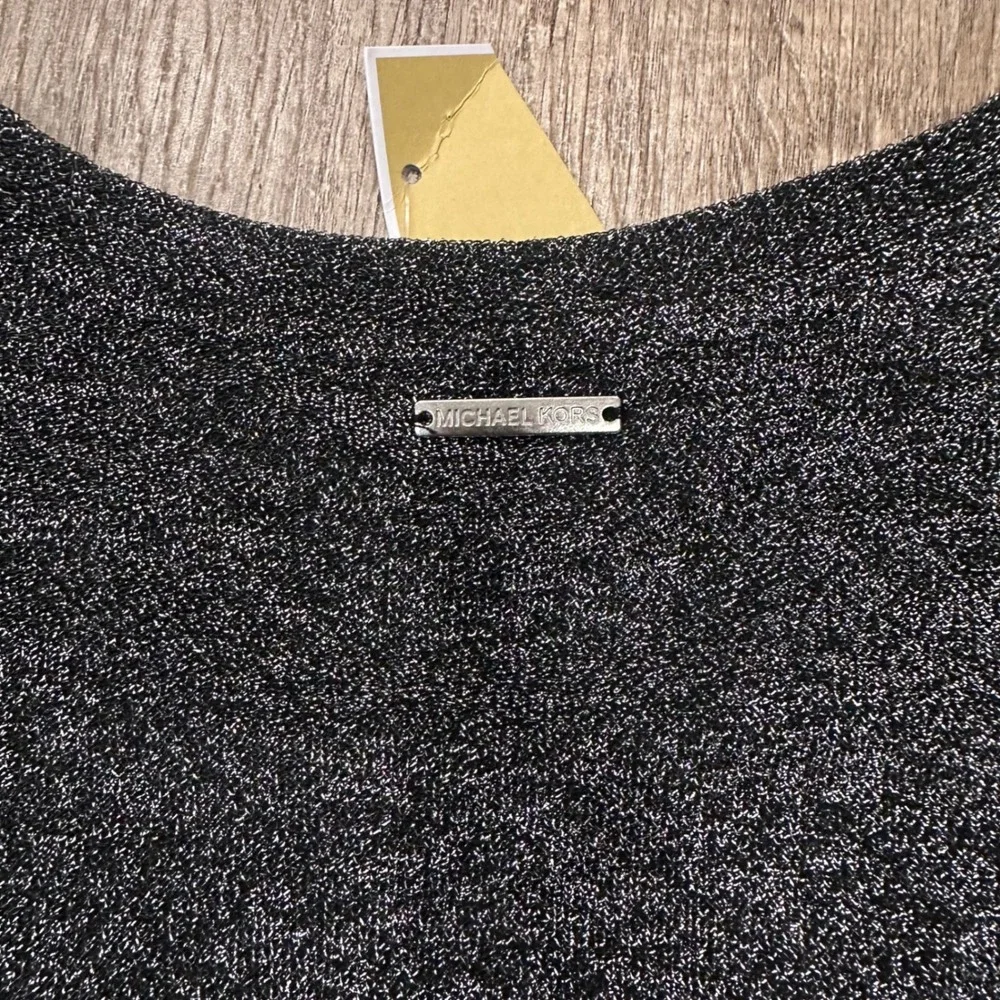NWT Michael Kors Black Silver Sparkle Cold Shoulder LS‎ Top Blouse SizE L